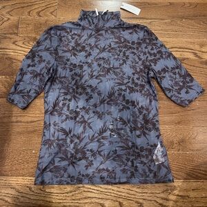 Anthropologie Deep Teal Short Sleeve Flora Print Mesh Top